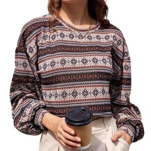 Micas Brown Patterned Crop Long Sleeve Top Size M